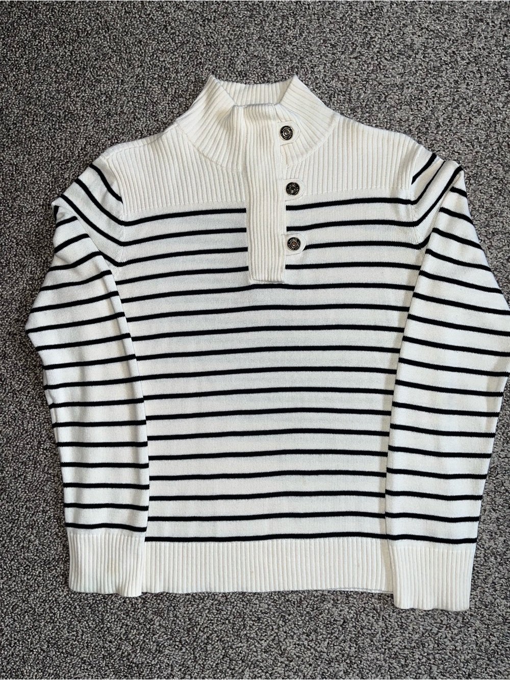 Ralph Lauren Cream and Black Striped Button-Quarter Turtleneck Sweater